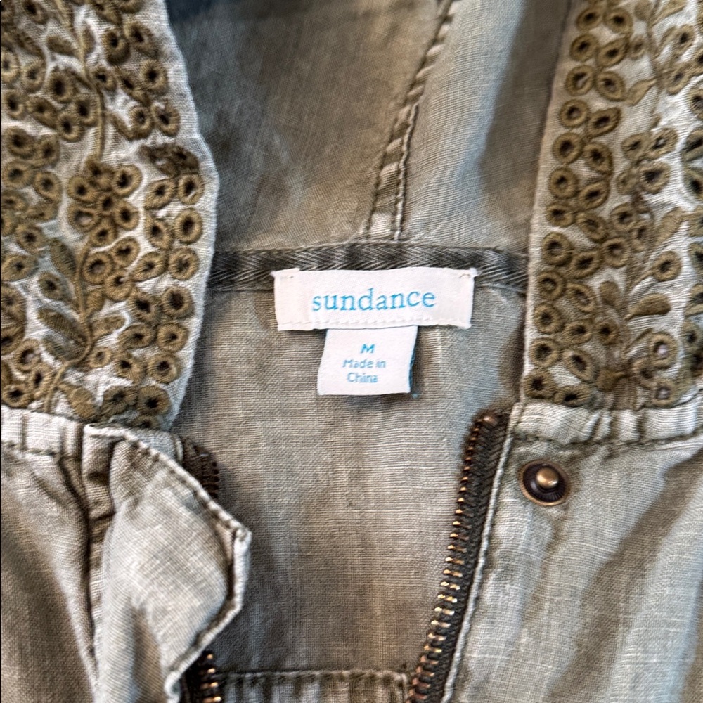 Sundance Grace Eyelet Hooded Linen Utility Jacket in olive green-M-Boho-Read - Picture 3 of 10